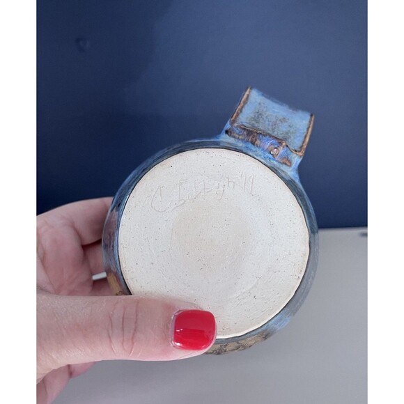 Studio Art Blue Drip Glaze Pottery Mug Artist Signed High Gloss Wide Handle - Picture 6 of 7